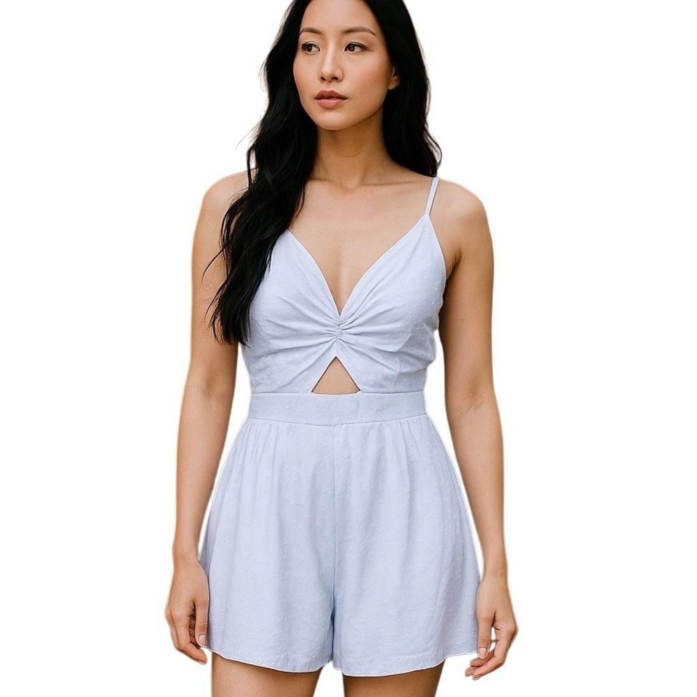 Swiss Dot Romper Sleeveless Summer Halter Style Peek a Boo Cutouts Back Tie SM